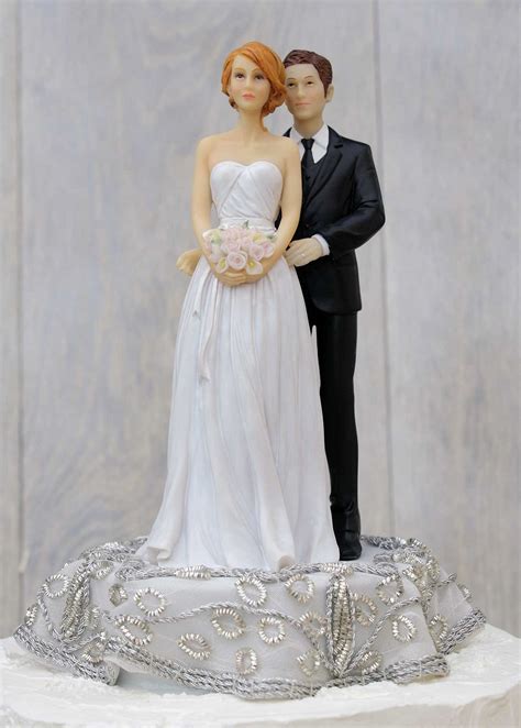 Embroidered Silver Bride And Groom Wedding Cake Topper