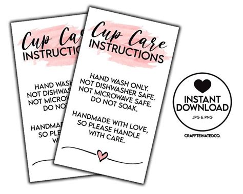 Ready To Print Tumbler Cup Care Instructions Card Printable Small Business Supplies Washing