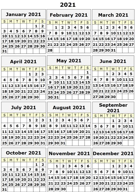 Portrait) on one page in easy to print pdf format. Free 2021 Yearly Calender Template : Printable Calendar ...