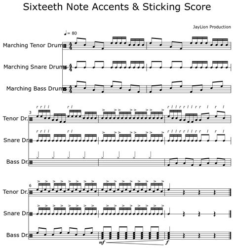 Sixteeth Note Accents And Sticking Score Sheet Music For Marching Bass