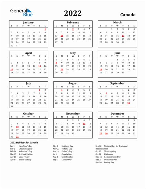 2022 Canada Calendar With Holidays