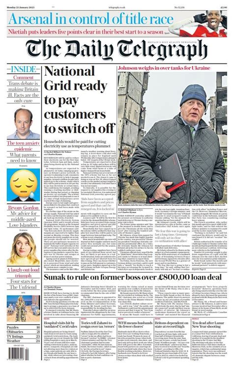 Daily Telegraph Front Page 23rd Of January 2023 Tomorrow S Papers Today