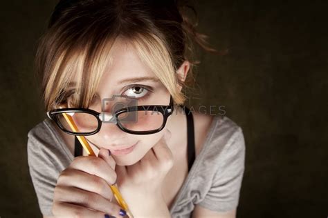 Closeup Of Pretty Young Nerdy Girl By Creatista Vectors And Illustrations