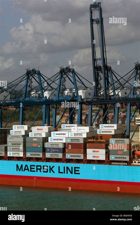 Aerial View Above Cranes Unloading Maersk Post Panamax Container Ship