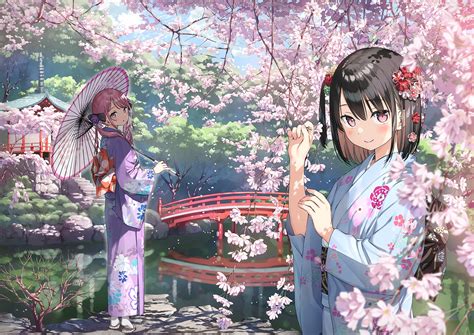 2girls Brown Hair Building Cherry Blossoms Flowers Japanese Clothes Kantoku Kimono Kurumi