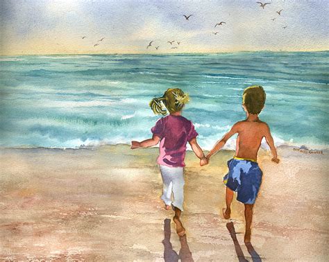 Children On The Beach At Sunset Painting By Beth Kantor