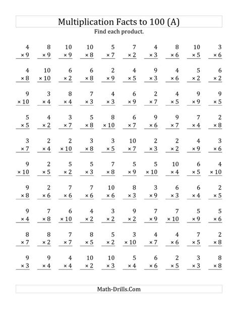 3rd grade math facts worksheets multiplication. The Multiplication Facts to 100 No Zeros or Ones (All ...