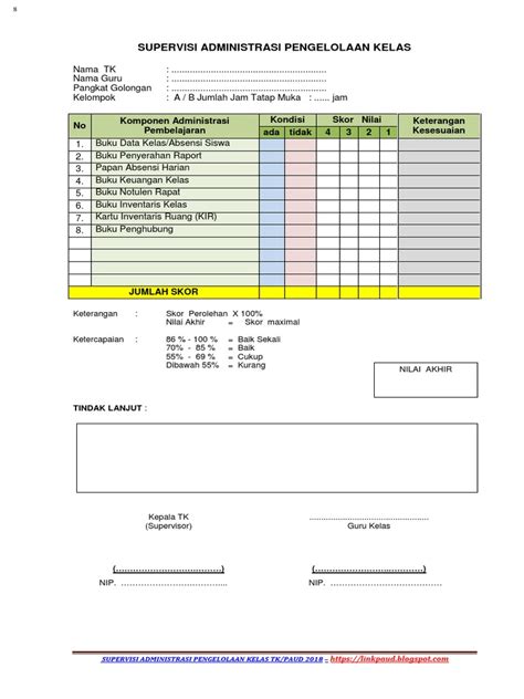 Instrumen Supervisi Administrasi Pengelolaan Kelas Tk Paud 2018 Pdf