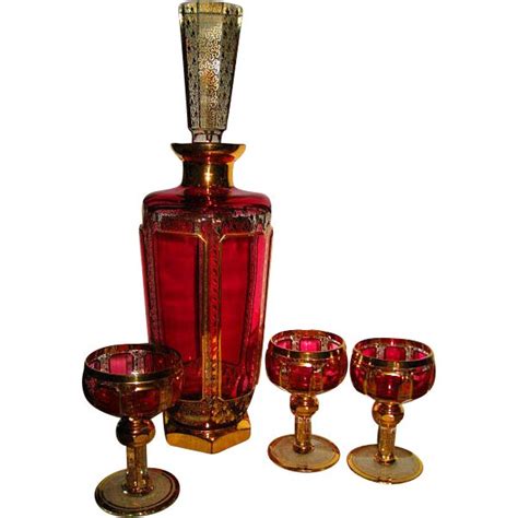 Moser Hand Blown Gold Gilt Cranberry Decanter Set With Bride And Groom And Priests Goblets