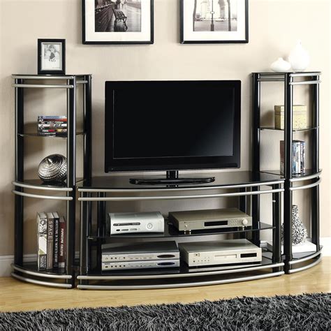 Black And Silver Curved Entertainment Center Glass Entertainment Center