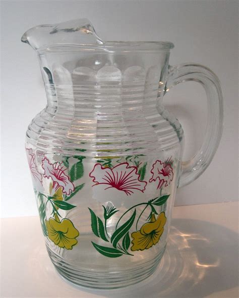 S Hazel Atlas Glass Pitcher With Petunias Floral Vintage Vintage