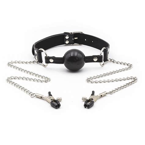 Red Black Leather Mouth Gag Ball Oral With Nipple Clamps Chain Clips