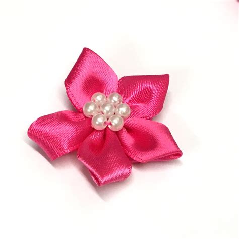 hot pink satin ribbon flower with centre pearls the button shed