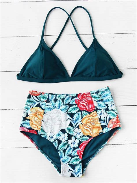 Shein Flower Print High Waist Crisscross Mixed And Match Bikini Set Mix And Match Bikini