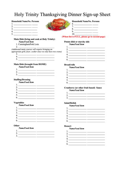Holy Trinity Thanksgiving Dinner Sign Up Sheet Template Printable Pdf
