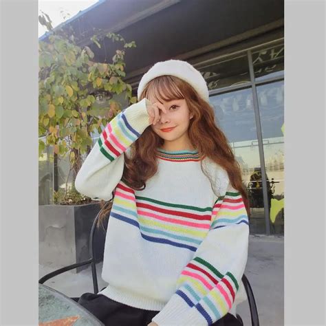 Womens Japanese Harajuku Cute Sweet Rainbow Stripe Loose Long Sleeve Sweater Female Korean