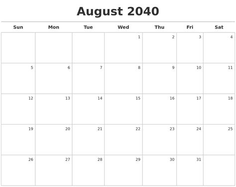 August 2040 Calendar Maker