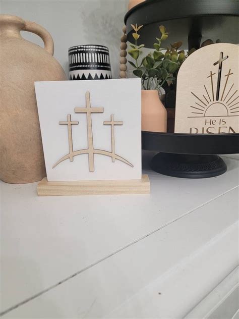 Jesus Crucifixion 3 Crosses On The Hill Wood Shelf Sitter Sign