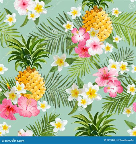 Tropical Flowers And Pineapples Background Stock Vector Illustration