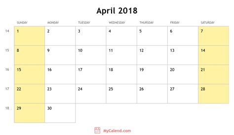 April 2018 Calendar With Holidays Monthly Printable Calendar