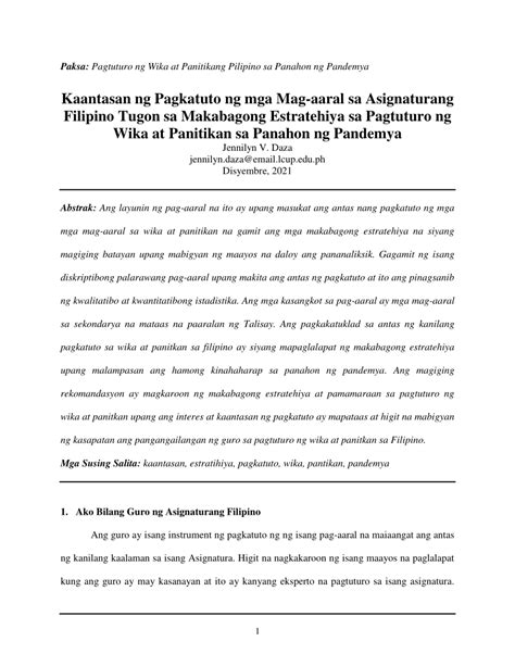 Pdf Kaantasan Ng Pagkatuto Ng Mga Mag Aaral Sa Asignaturang Filipino