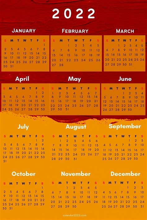 2022 Yearly Calendar Wallpaper For Mobile Background Screen Featuring
