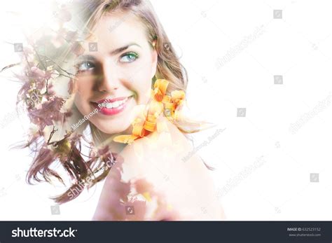 Double Exposure Portrait Of Beautiful Woman Sunset Sea And Flowers