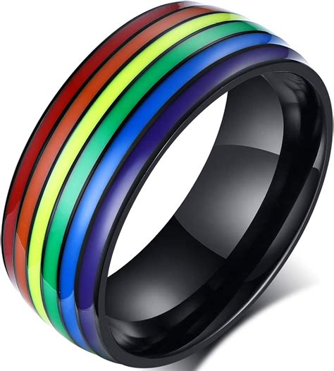 Yfstyle 8mm Rainbow Lgbt Pride Ring For Gay Lesbian Stainless Steel And Enamel Lgbtq Band Rings