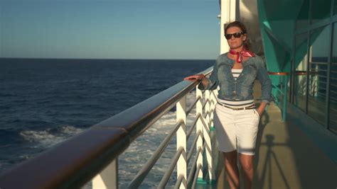 Woman Stands On Cruise Ship Deck Girl Enjoying Luxury Cruise Liner