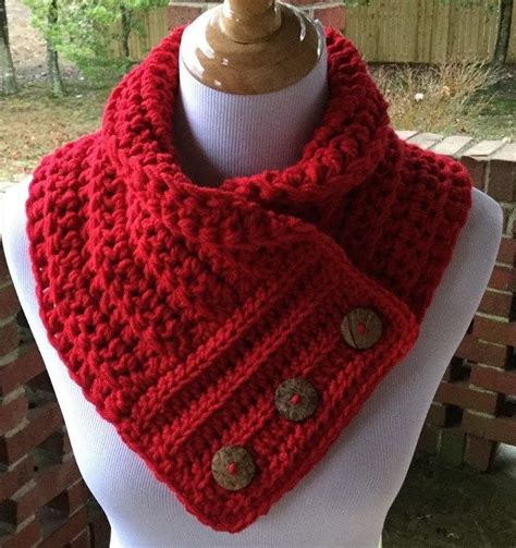 4 skeins lion brand yarn wool ease thick & quick super bulky yarn in fisherman (pattern uses approx. Red Crochet Cowl, Crochet Cowl, Bulky Cowl, Button Scarf ...