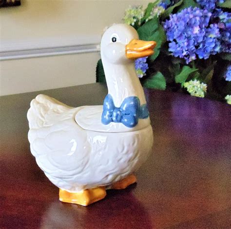 Duck Ceramic Cookie Jar Vintage Cute Hand Painted White Young Etsy