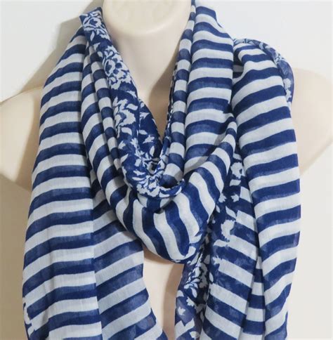 Blue Floral Stripped Scarf Women Scarf Floral Scarf Flower Stripped