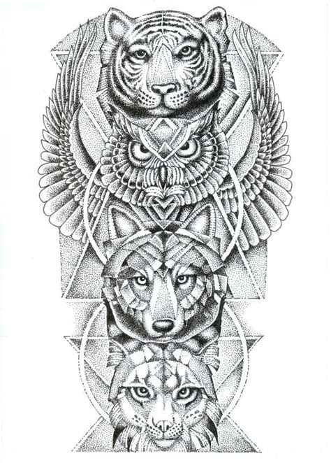 Spirit Animal Totem Pole Tiger Owl Wolf Lynx Geometric