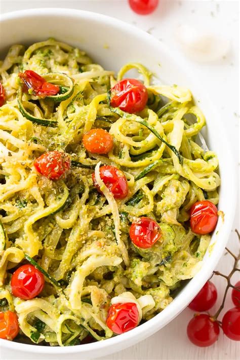 Pesto Zucchini Noodles With Burst Cherry Tomatoes Jessica In The Kitchen