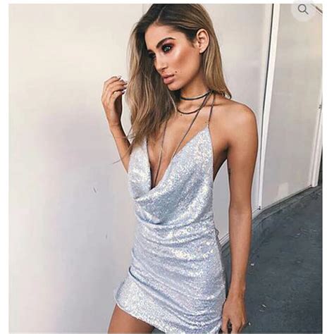 Kisscc Sexy Deep V Neck Low Cut Sequined Dress Hollow Out Backless