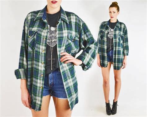 Green Plaid Flannel Shirt 80 90s Grunge Oversized Flannel Outfits