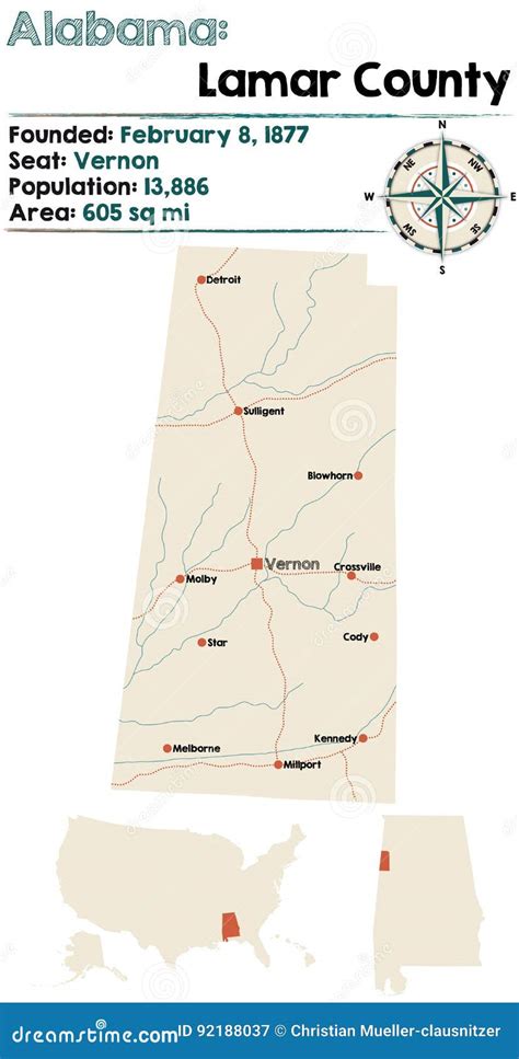 Alabama Lamar County Map Stock Vector Illustration Of Roads 92188037