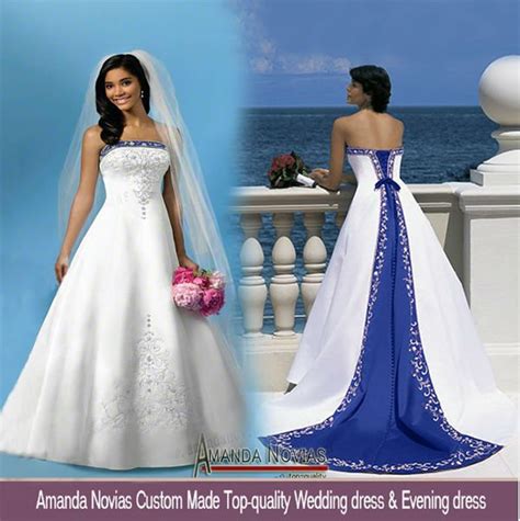 Off Shoulder Embroidery Satin Royal Blue And White Wedding