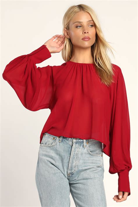 Red Sheer Top Long Sleeve Top Sheer Chiffon Top Lulus