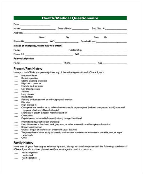 Medical Questionnaire Template