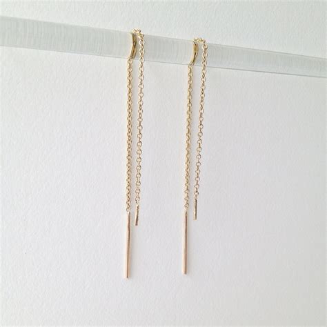 Solid Gold Threader Earrings K Yellow Gold Delicate Bar Etsy
