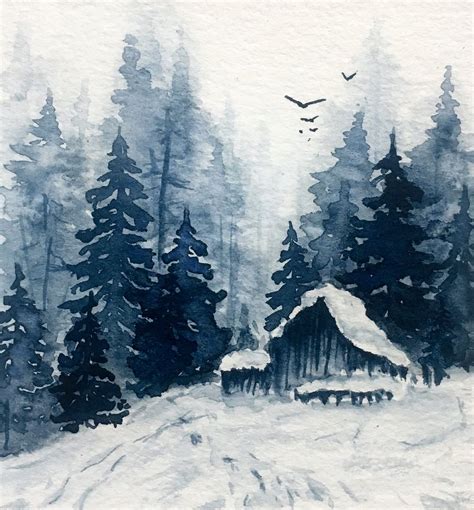 Watercolor Snow Landscape ️ Woods Winter Forest Акварельные пейзажи