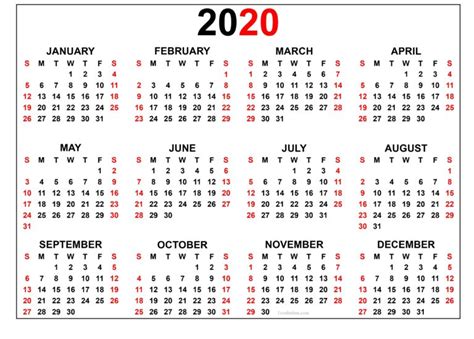 Yearly 2020 Calendar With Marked Federal Holidays Printable Yearly