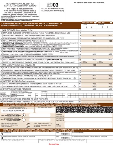 Fillable Form 531 Local Earned Income Tax Return 2003 Printable Pdf