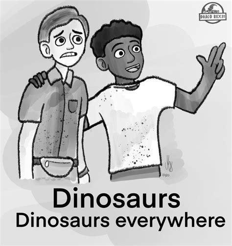 Two Men Standing Next To Each Other With The Words Dinosaurs Everywhere