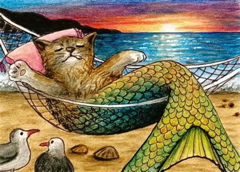 Mer Cat In Hammock Mermaid Cat Mermaid Art