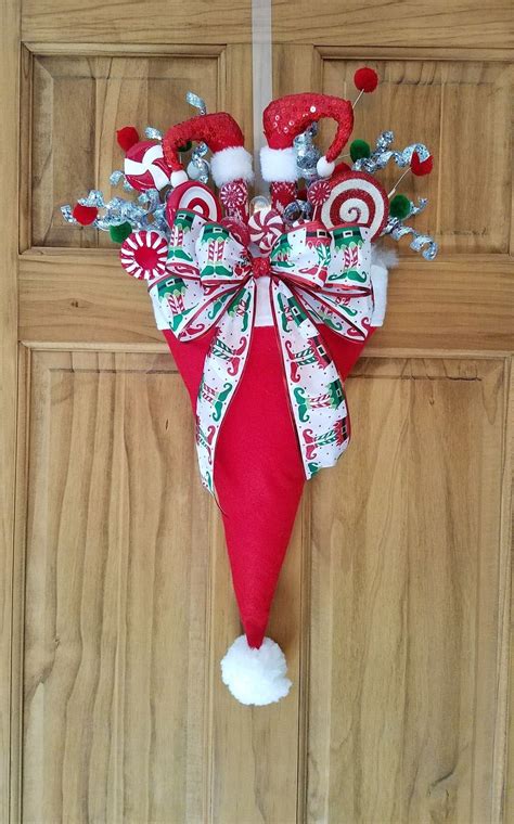 Christmas Holiday Upside Down Elf Santa Hat Door Decor Wreath Candy Handmade Bow Xmas