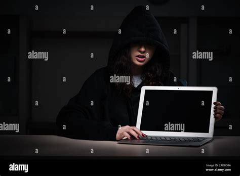 Female Hacker Hacking Security Firewall Late In Office Stock Photo Alamy