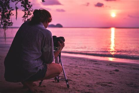 Woman Photographer Taking Pictures Of Sunset Stock Image Image Of