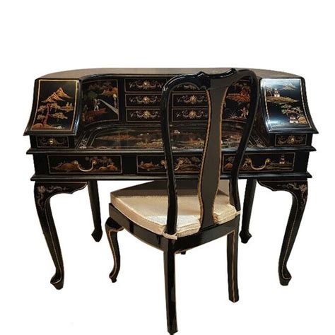 Oriental Desk In Black Lacquer With Artistic Landscape Painting For